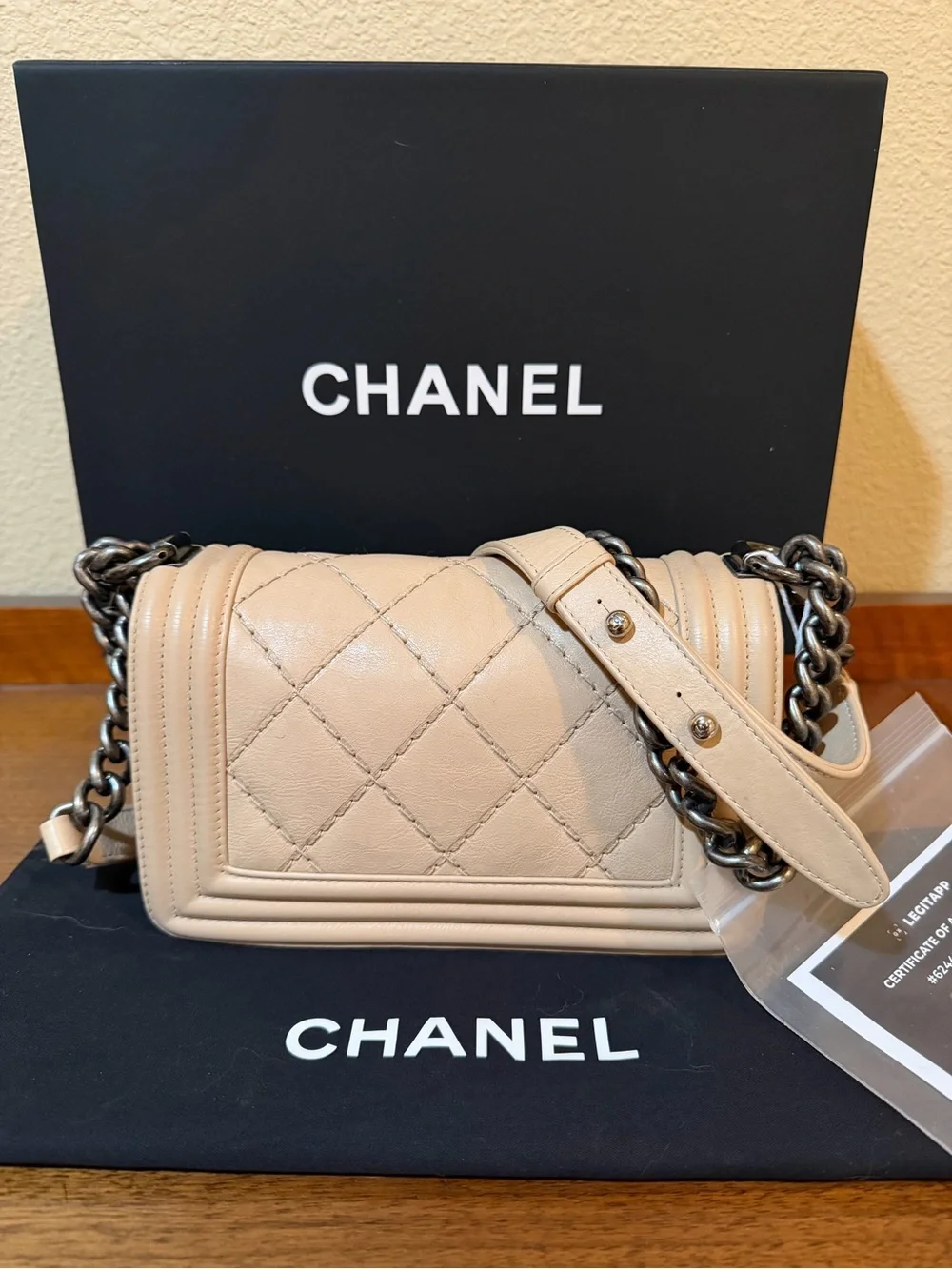 CHANEL Beige Quilted Boy Shoulder Bag with Dark Silver Hardware